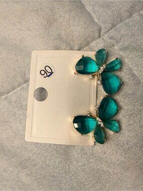 Gold-Tone Teal Butterfly Drop Earrings with Crystal Accents